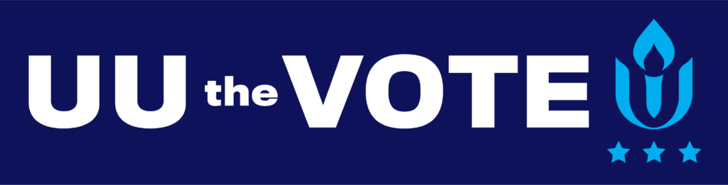 blue background with white text that reads "UU the Vote" with the UUA logo in a turquoise blue. There are three turquoise stars underneath.