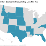Map showing the U.S. states enacting laws to restrict voting during 2023