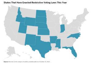 Map showing the U.S. states enacting laws to restrict voting during 2023